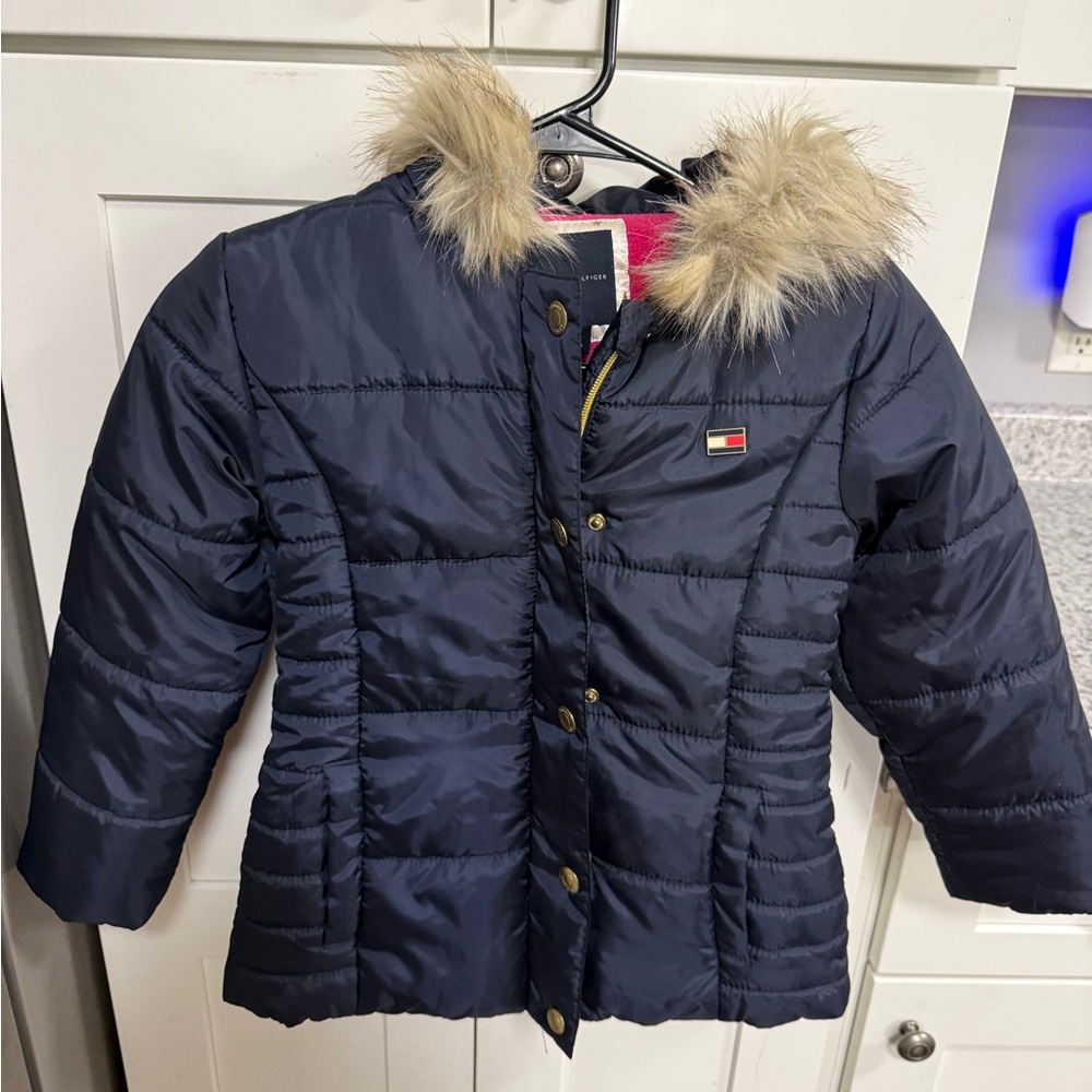 Tommy Hilfiger Navy Quilted Puffer Jacket with Faux Fur Trim